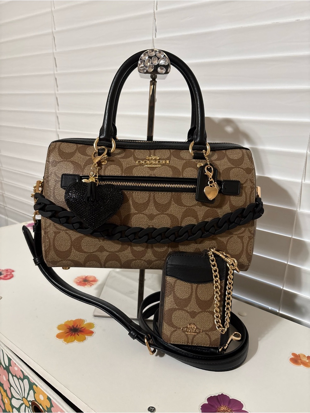 Coach Rowan Satchel & Card Case Set (Signature Khaki Black)